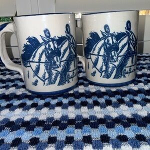 Vintage Louisville Stonewear Blue and White Horse Design Mugs set of 2